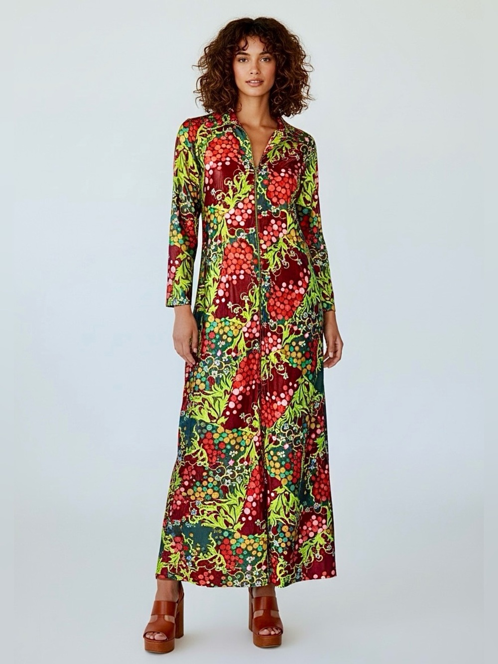 Silky PSYCHEDELIC Burgundy and Green 1970s Kaftan Dress / S M L